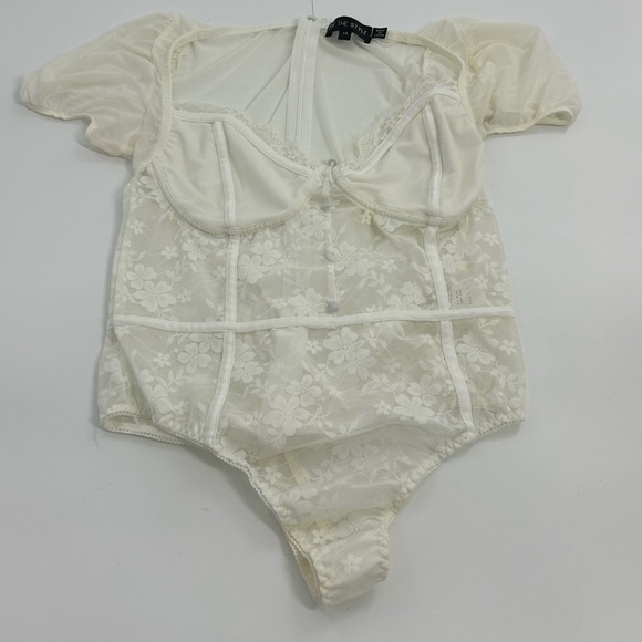 Frenchy style 90s Y2k White Lace Corset Short Sleeve Sleeve Bodysuit Back Zip 14 - Picture 3 of 9